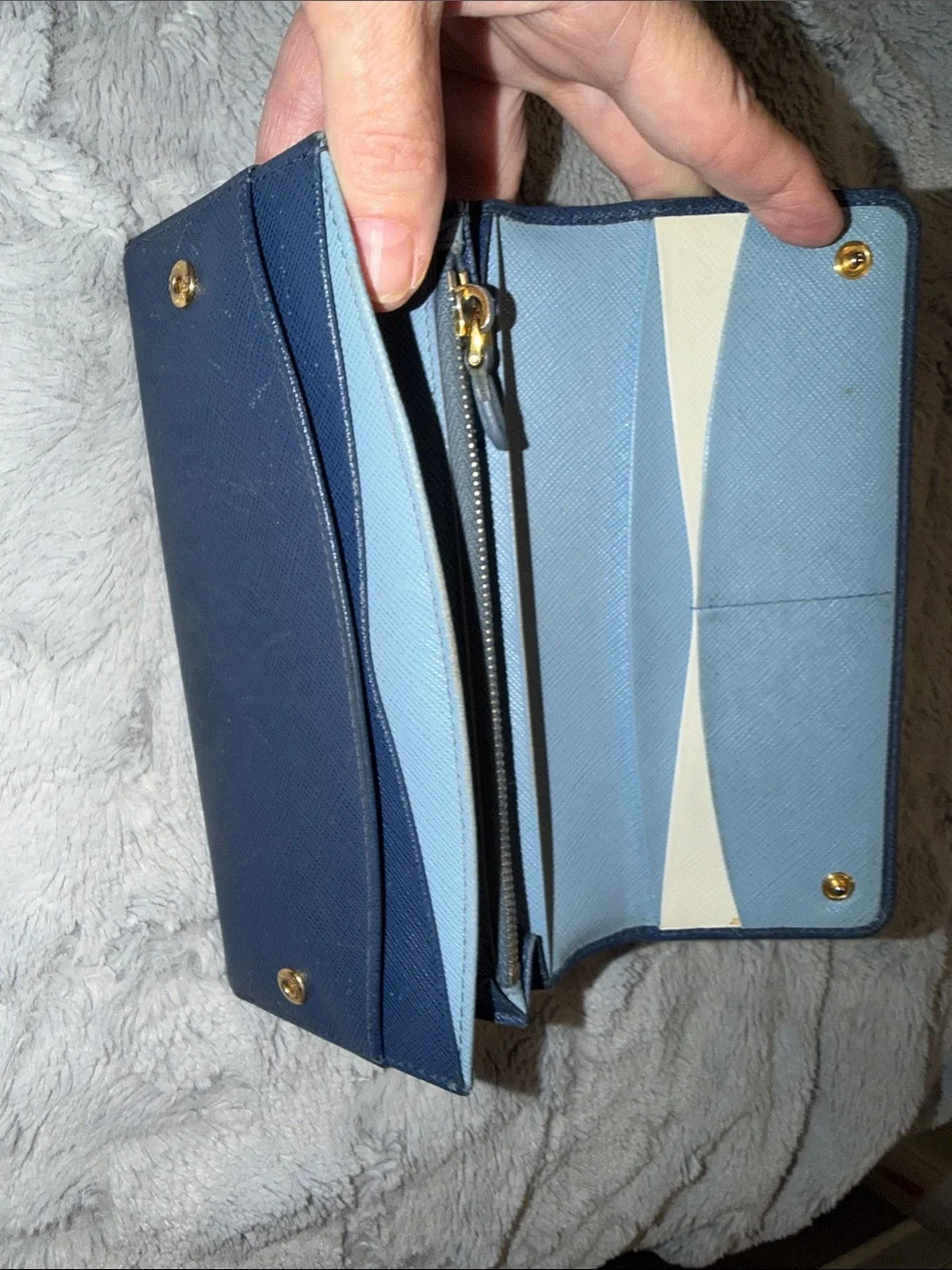 Prada Dark Blue Saffiano Leather Flap Wallet with Gold Logo